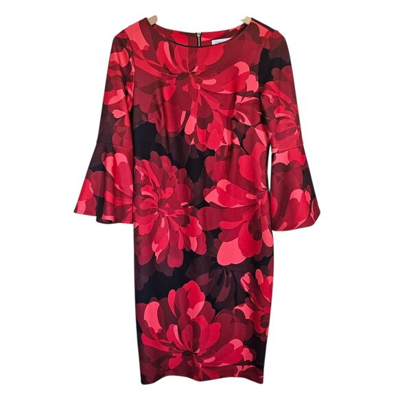Calvin Klein Red Floral Bell Sleeve Sheath Dress Women's Size 6 Work Office Date - Picture 2 of 12
